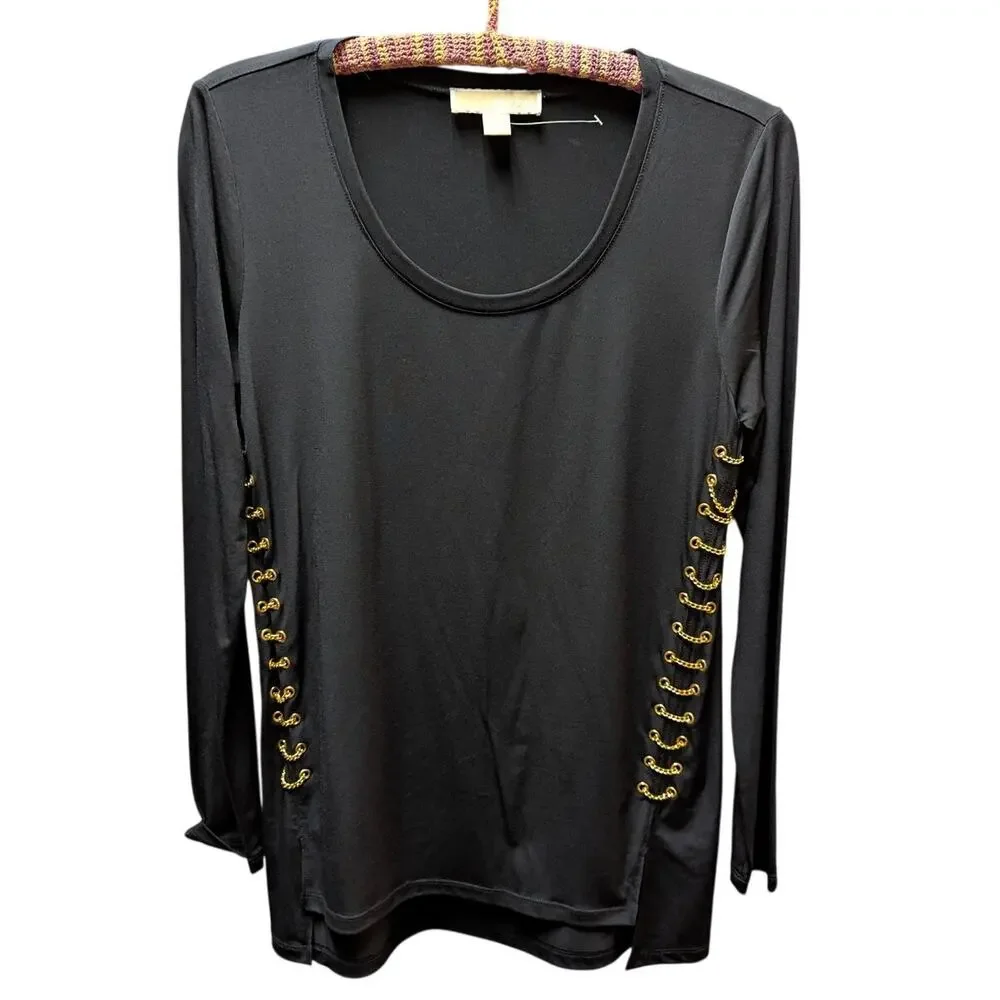 Michael Kors Grommet Detail Long Sleeve Top Womens Medium Black Scoop Neck
